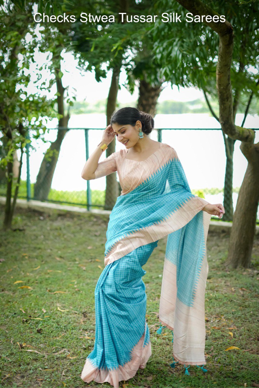 Checks Stwea Tussar Silk Sarees