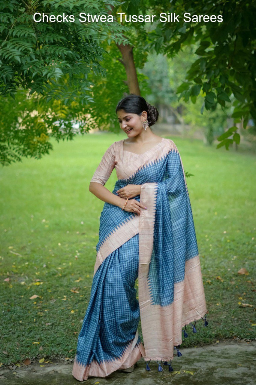 Checks Stwea Tussar Silk Sarees