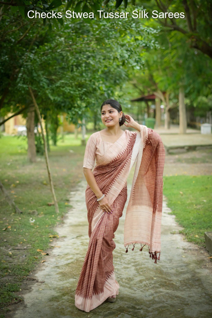 Checks Stwea Tussar Silk Sarees