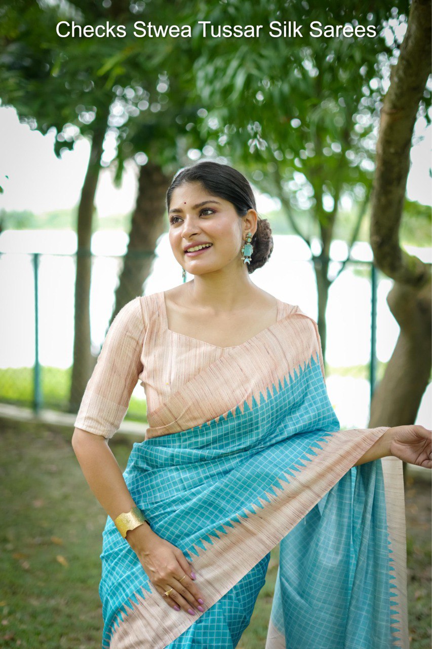 Checks Stwea Tussar Silk Sarees