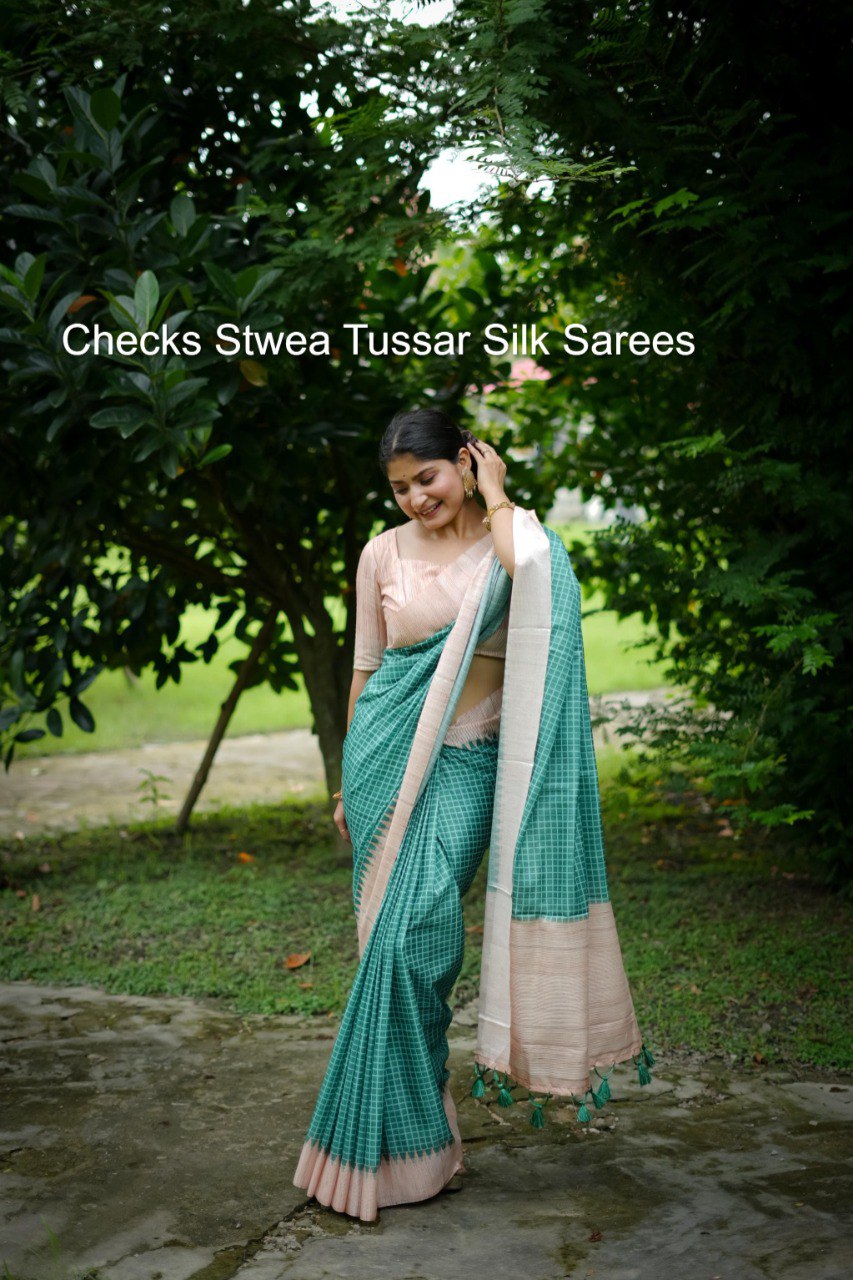 Checks Stwea Tussar Silk Sarees