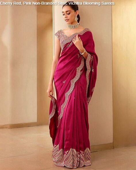 Cherry Red, Pink Non-Branded Strvc Vichitra Blooming Sarees