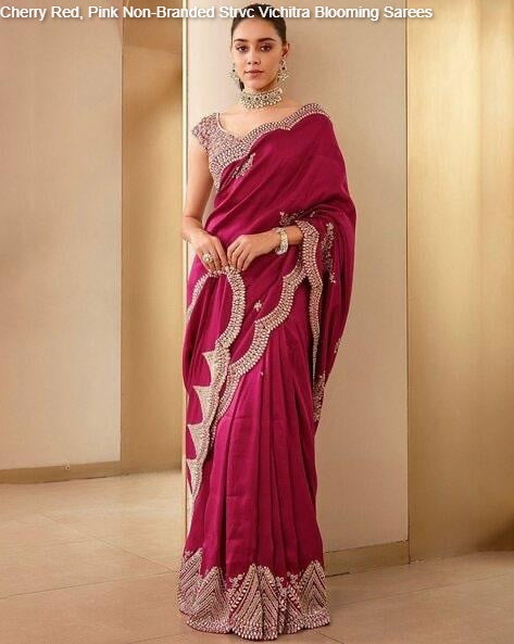 Cherry Red, Pink Non-Branded Strvc Vichitra Blooming Sarees