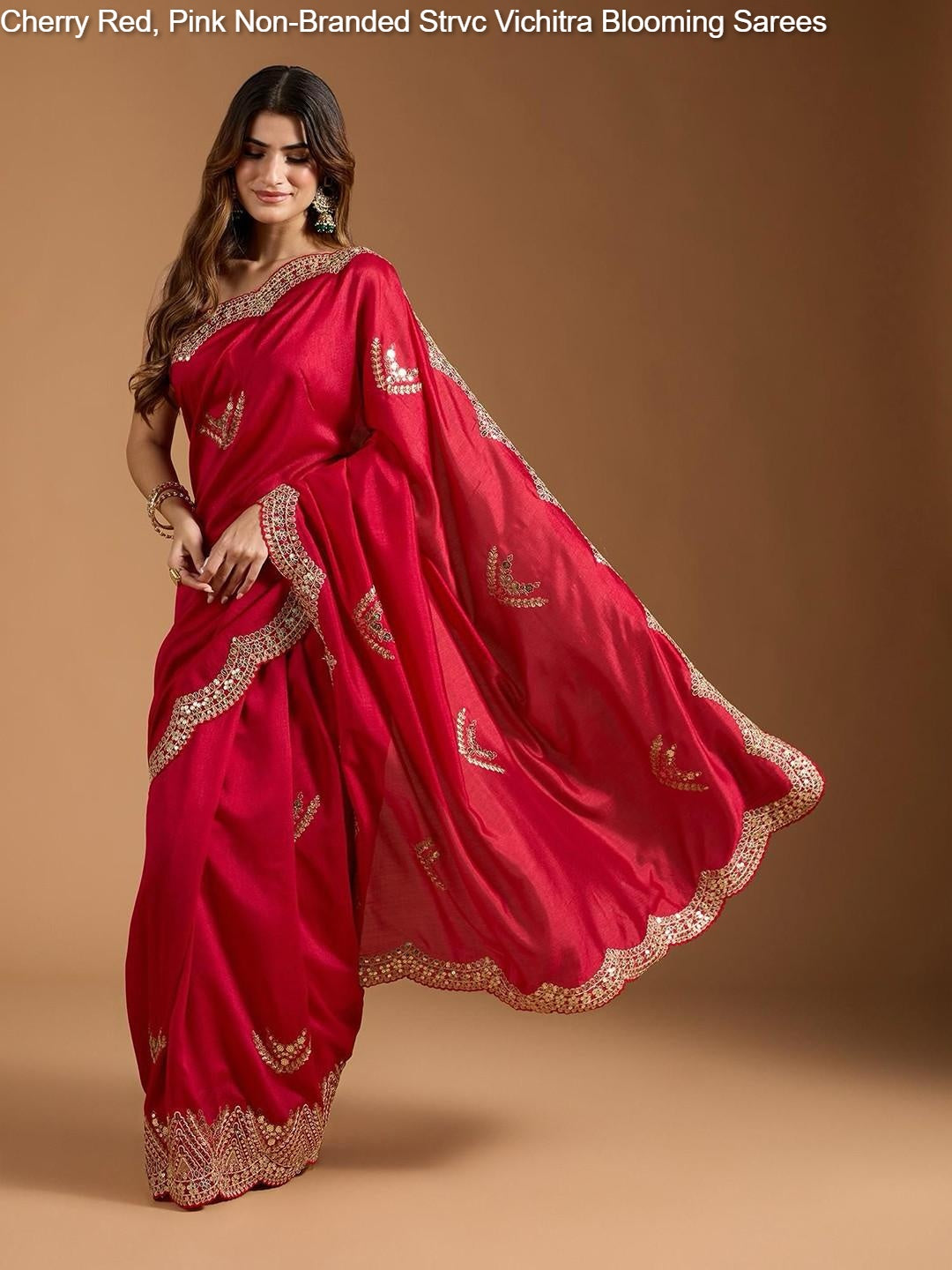 Cherry Red, Pink Non-Branded Strvc Vichitra Blooming Sarees