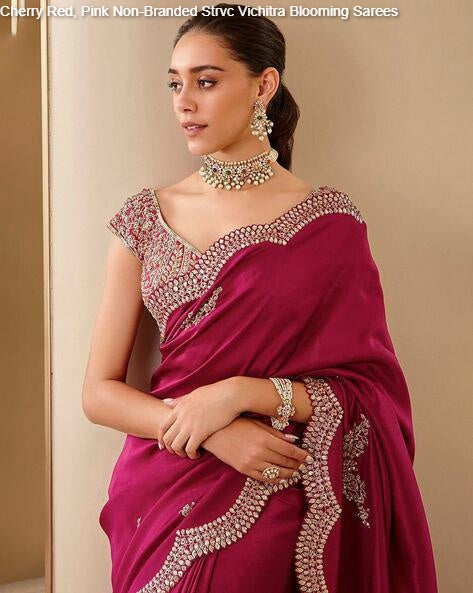 Cherry Red, Pink Non-Branded Strvc Vichitra Blooming Sarees