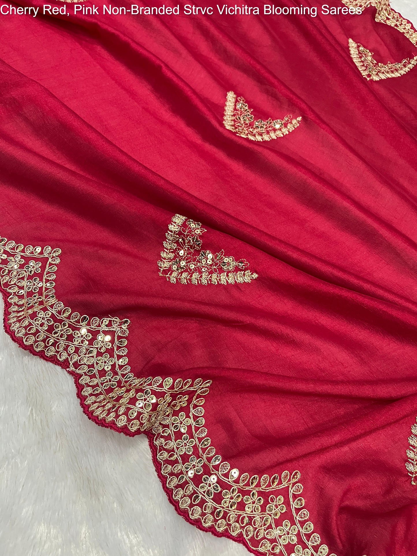 Cherry Red, Pink Non-Branded Strvc Vichitra Blooming Sarees