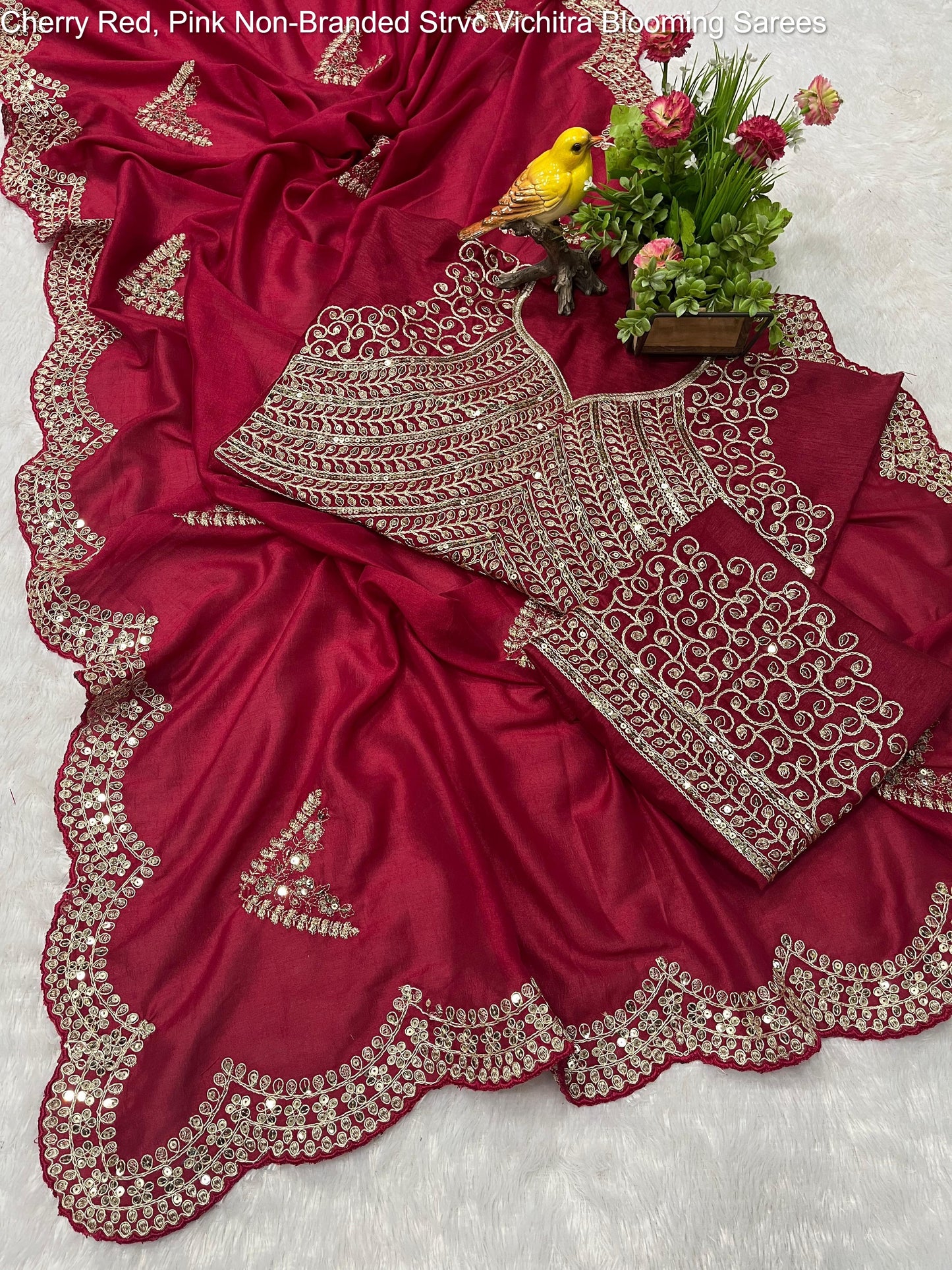Cherry Red, Pink Non-Branded Strvc Vichitra Blooming Sarees