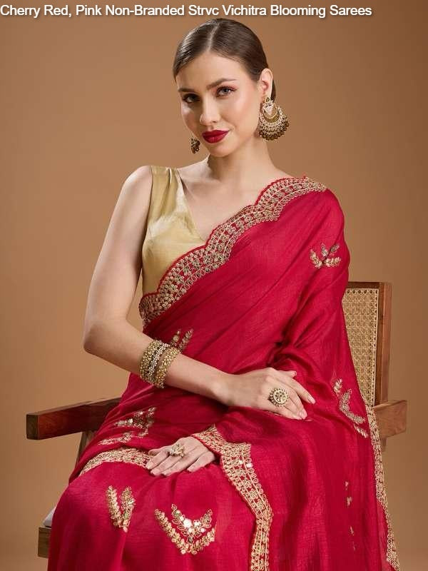 Cherry Red, Pink Non-Branded Strvc Vichitra Blooming Sarees