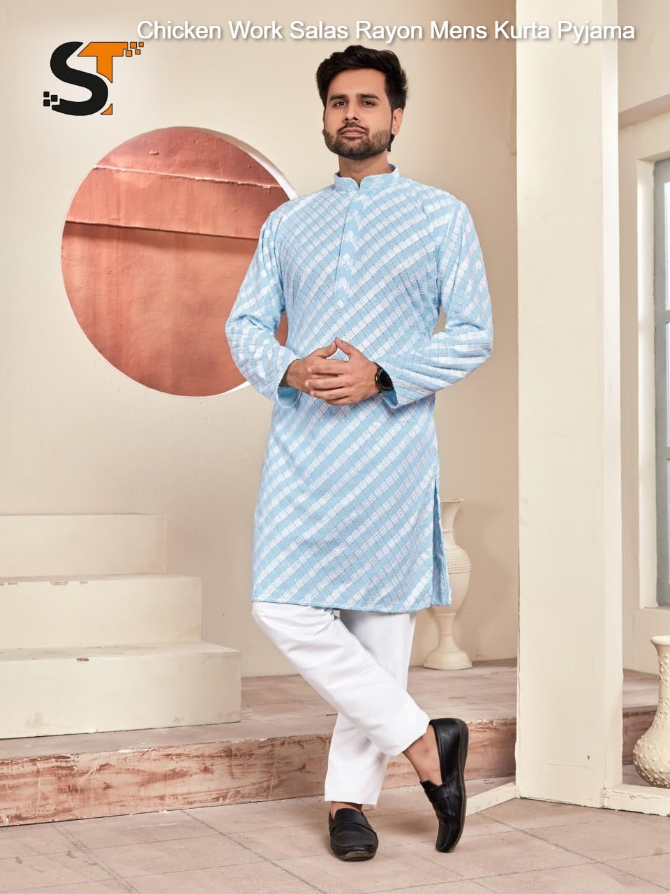 Chicken Work Salas Rayon Mens Kurta Pyjama