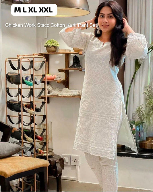 Chicken Work Stscc Cotton Kurti Pant Set