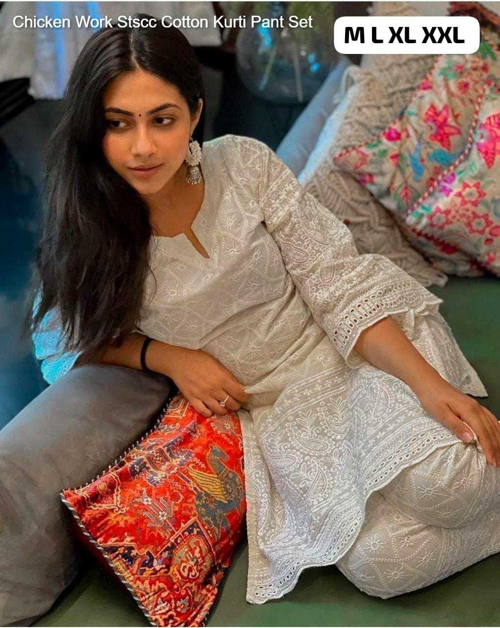 Chicken Work Stscc Cotton Kurti Pant Set