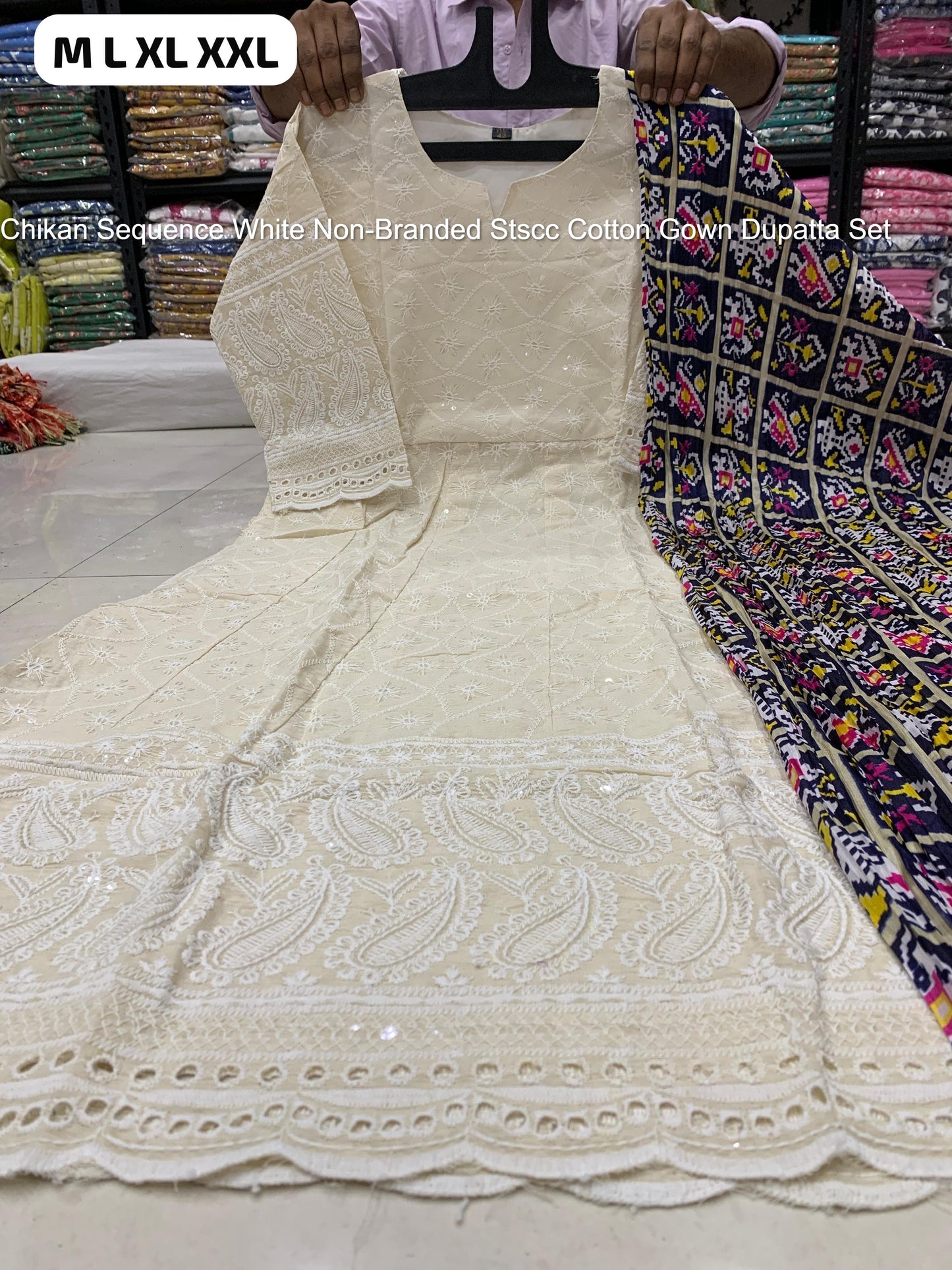 Chikan Sequence White Non-Branded Stscc Cotton Gown Dupatta Set
