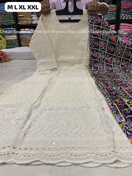 Chikan Sequence White Non-Branded Stscc Cotton Gown Dupatta Set