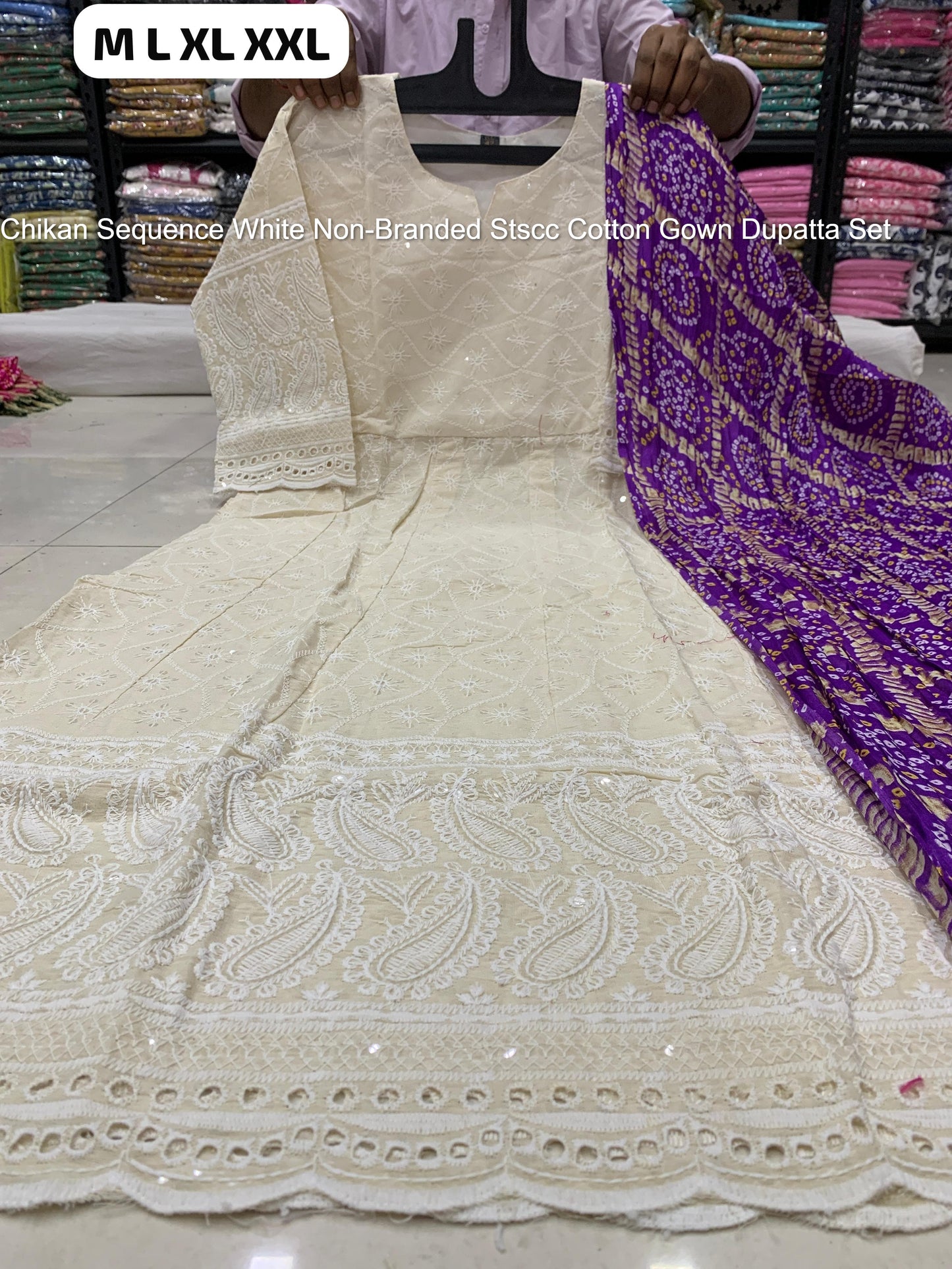 Chikan Sequence White Non-Branded Stscc Cotton Gown Dupatta Set