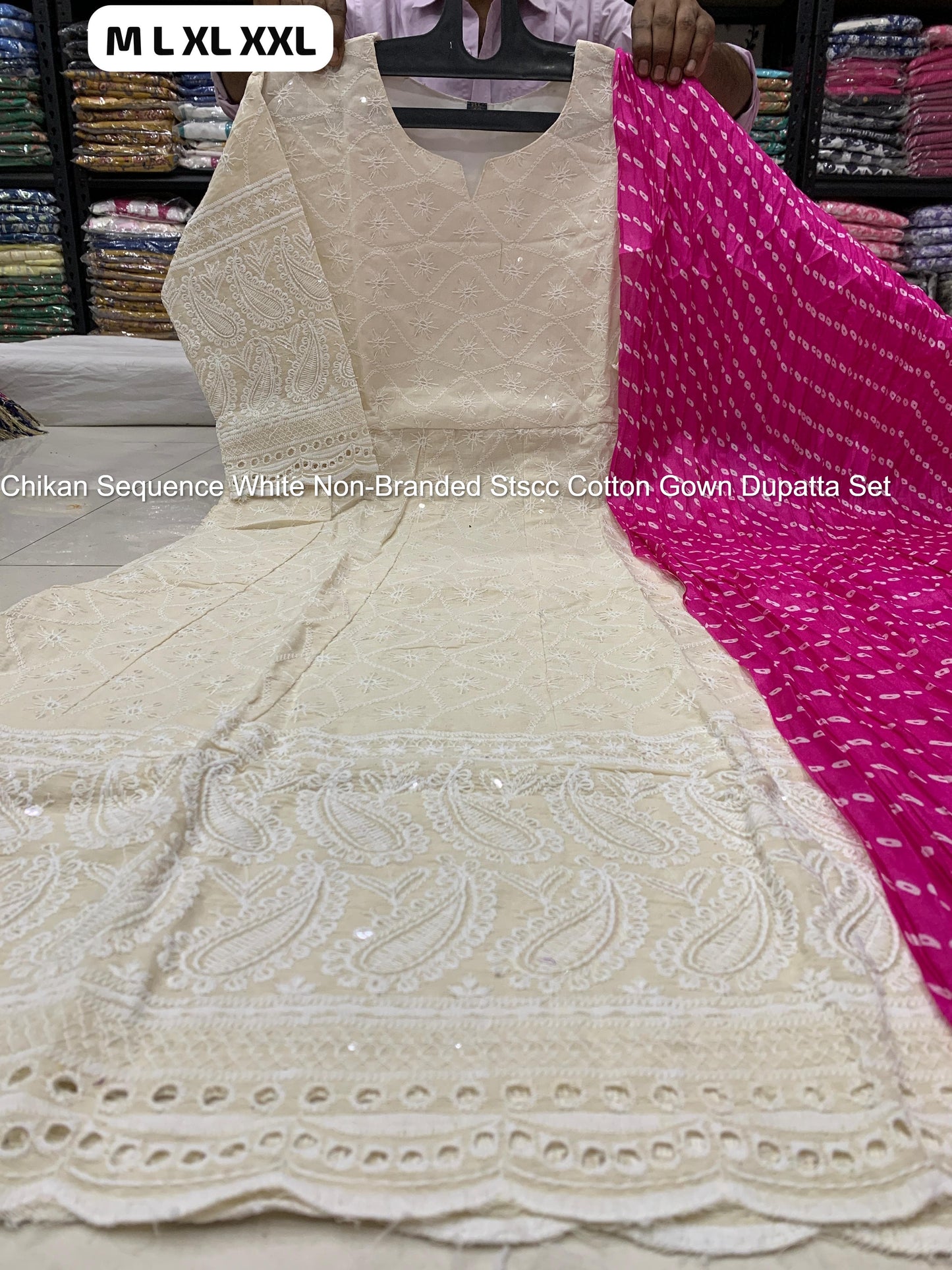 Chikan Sequence White Non-Branded Stscc Cotton Gown Dupatta Set