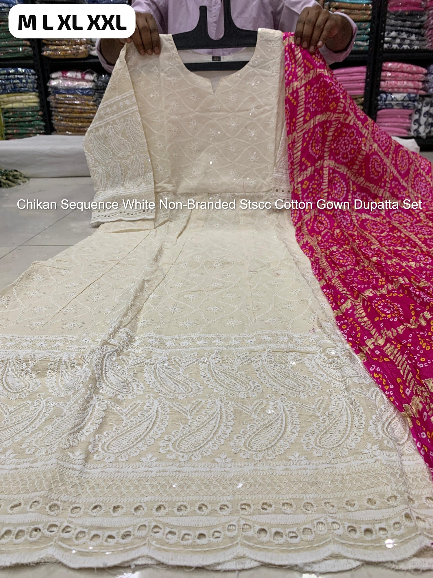 Chikan Sequence White Non-Branded Stscc Cotton Gown Dupatta Set