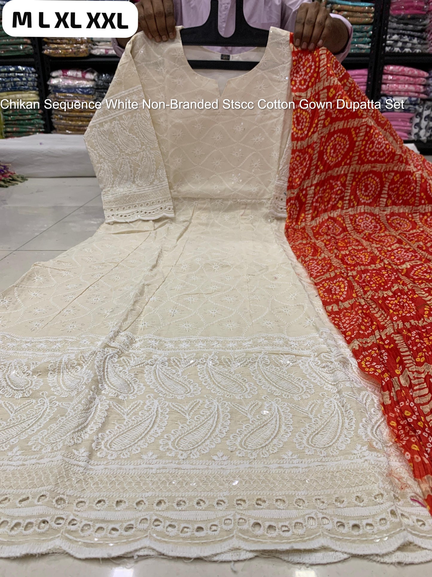 Chikan Sequence White Non-Branded Stscc Cotton Gown Dupatta Set