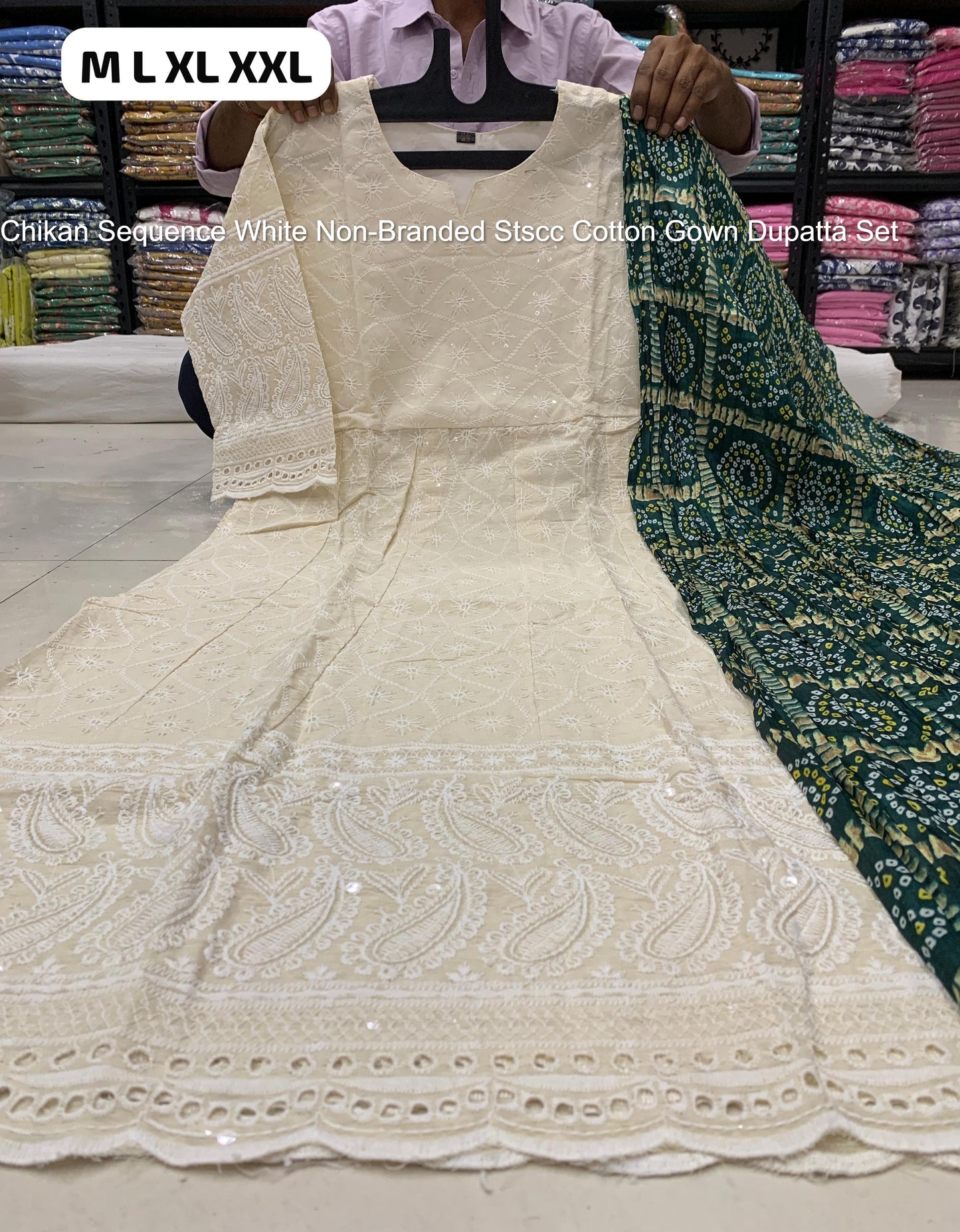 Chikan Sequence White Non-Branded Stscc Cotton Gown Dupatta Set