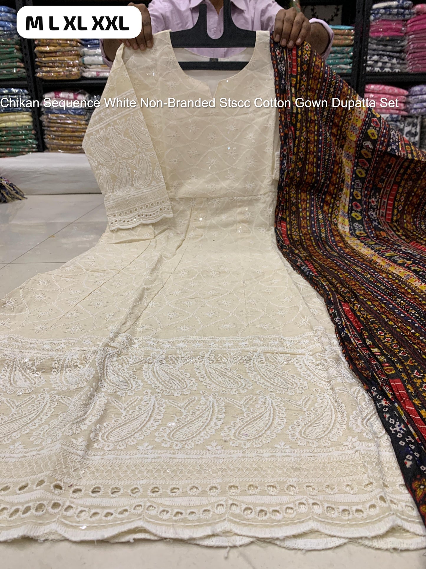 Chikan Sequence White Non-Branded Stscc Cotton Gown Dupatta Set