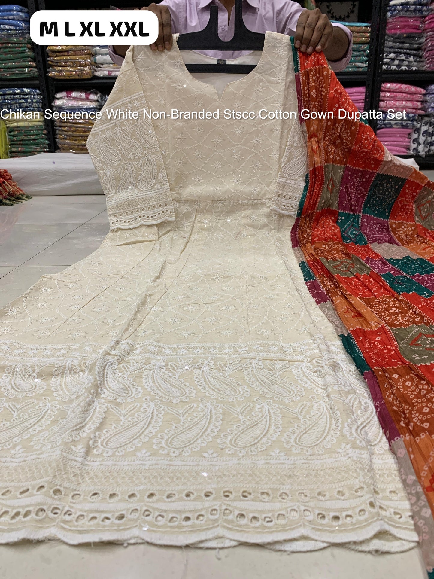 Chikan Sequence White Non-Branded Stscc Cotton Gown Dupatta Set