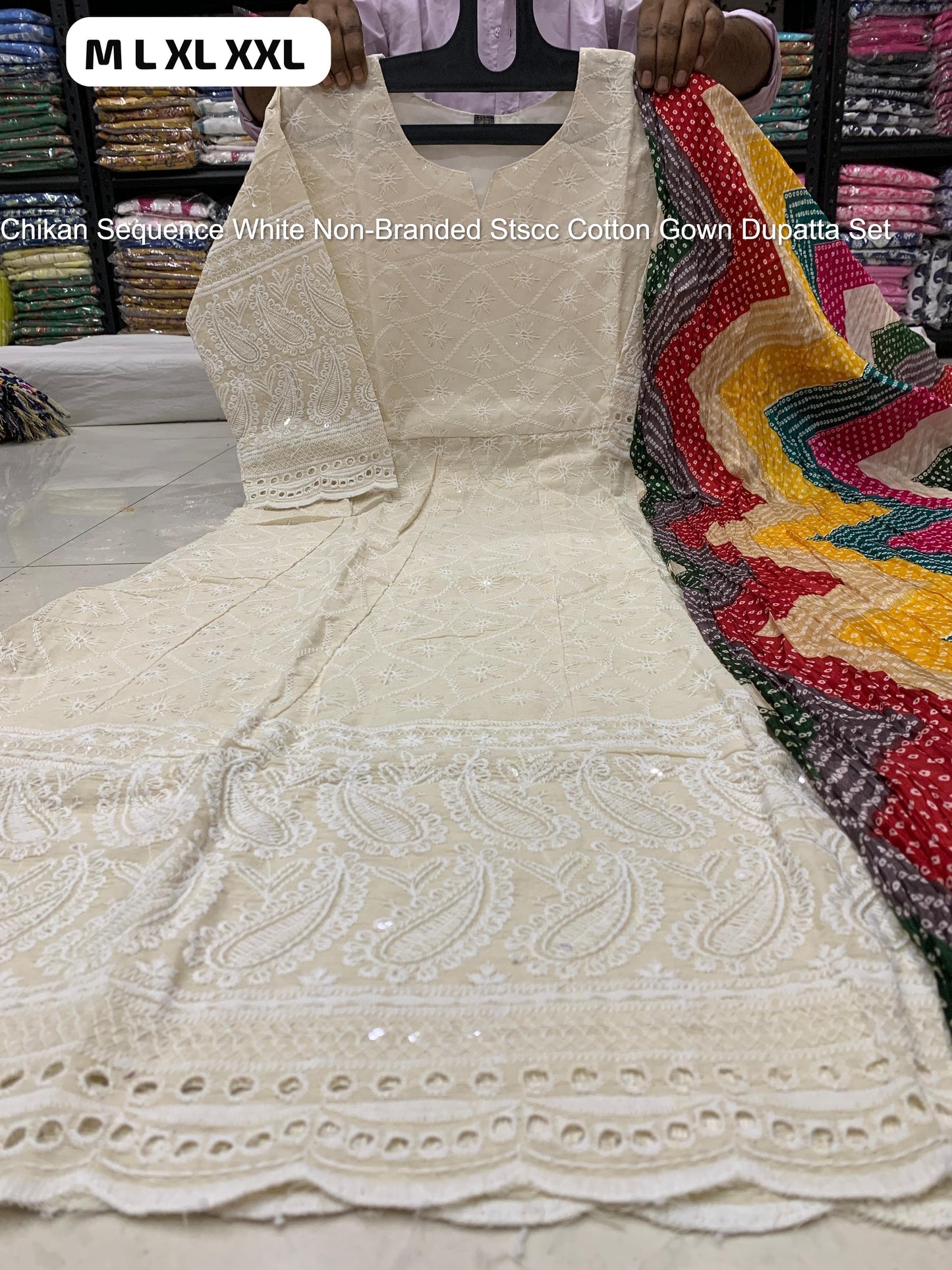 Chikan Sequence White Non-Branded Stscc Cotton Gown Dupatta Set