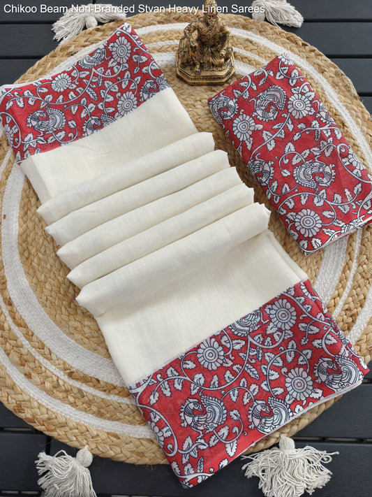 Chikoo Beam Non-Branded Stvan Heavy Linen Sarees