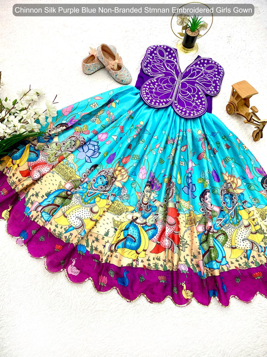 Chinnon Silk Purple Blue Non-Branded Stmnan Embroidered Girls Gown