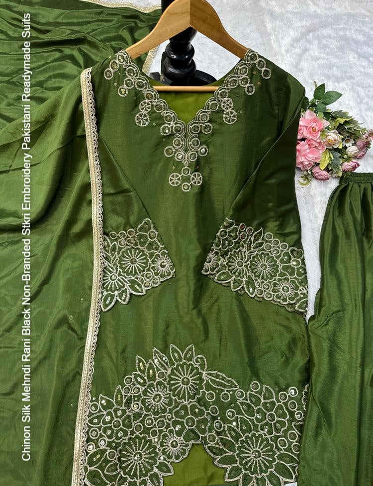 Chinon Silk Mehndi Rani Black Non-Branded Stkri Embroidery Pakistani Readymade Suits