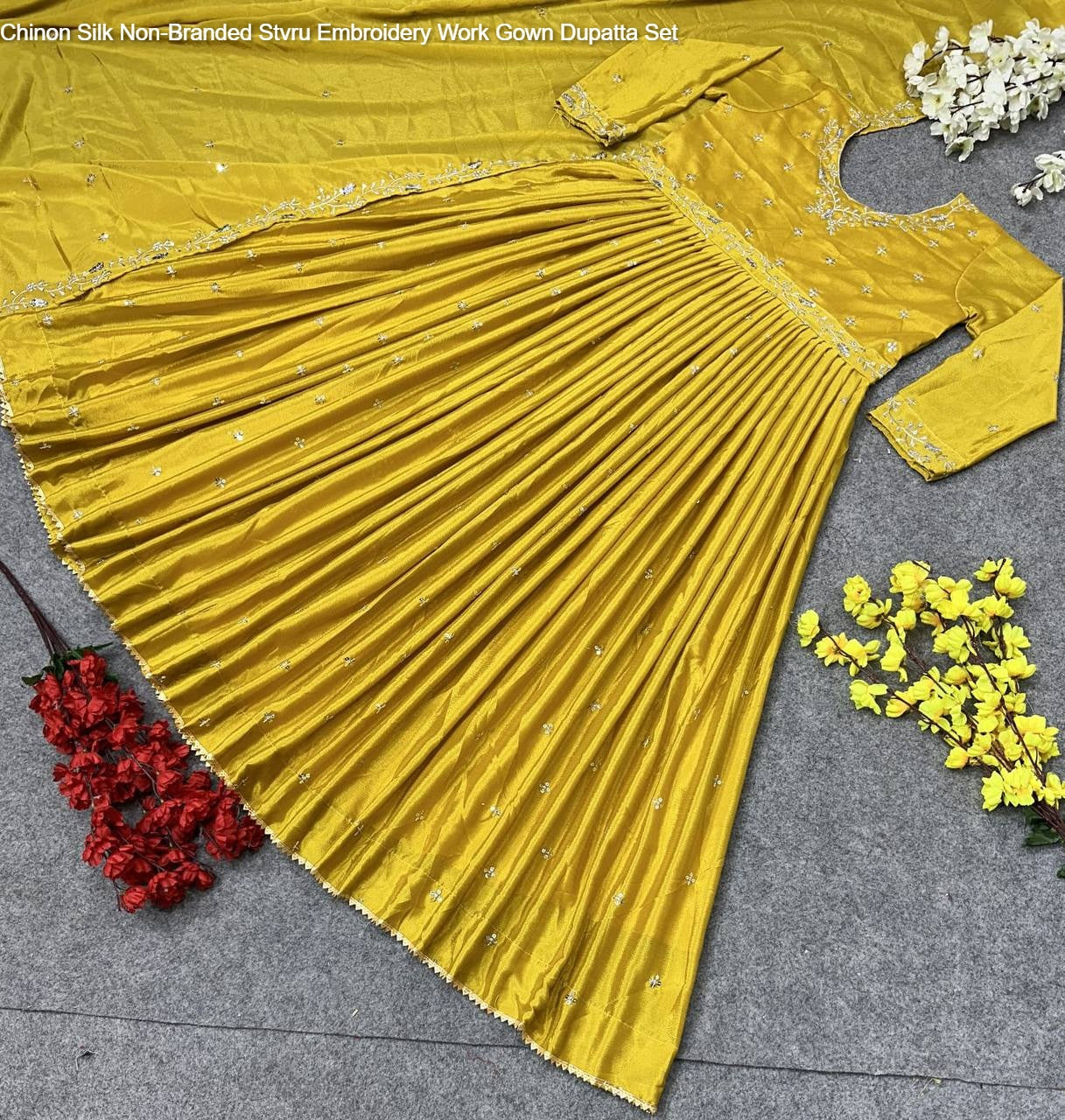 Chinon Silk Non-Branded Stvru Embroidery Work Gown Dupatta Set