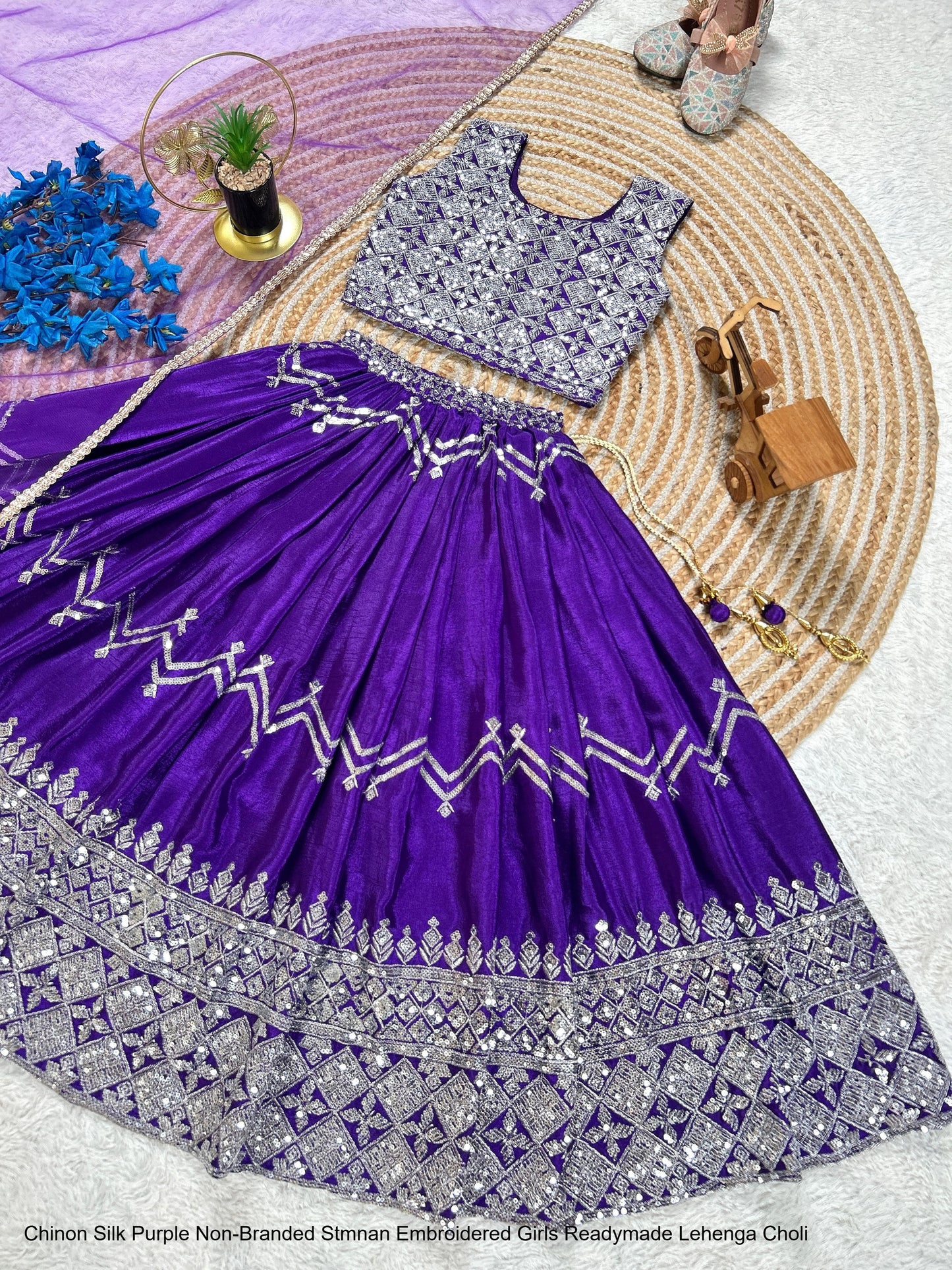 Chinon Silk Purple Non-Branded Stmnan Embroidered Girls Readymade Lehenga Choli