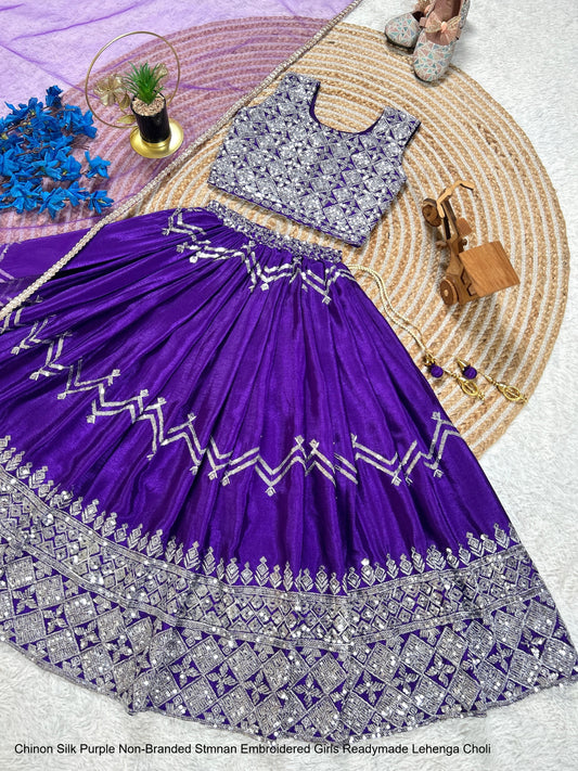 Chinon Silk Purple Non-Branded Stmnan Embroidered Girls Readymade Lehenga Choli