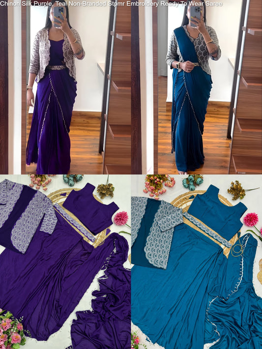 Chinon Silk Purple, Teal Non-Branded Stpmr Embroidery Ready To Wear Saree