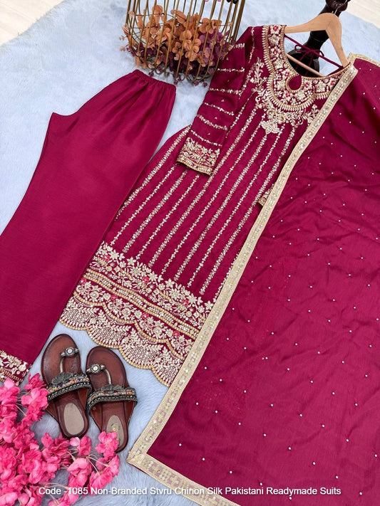 Code -1085 Non-Branded Stvru Chinon Silk Pakistani Readymade Suits