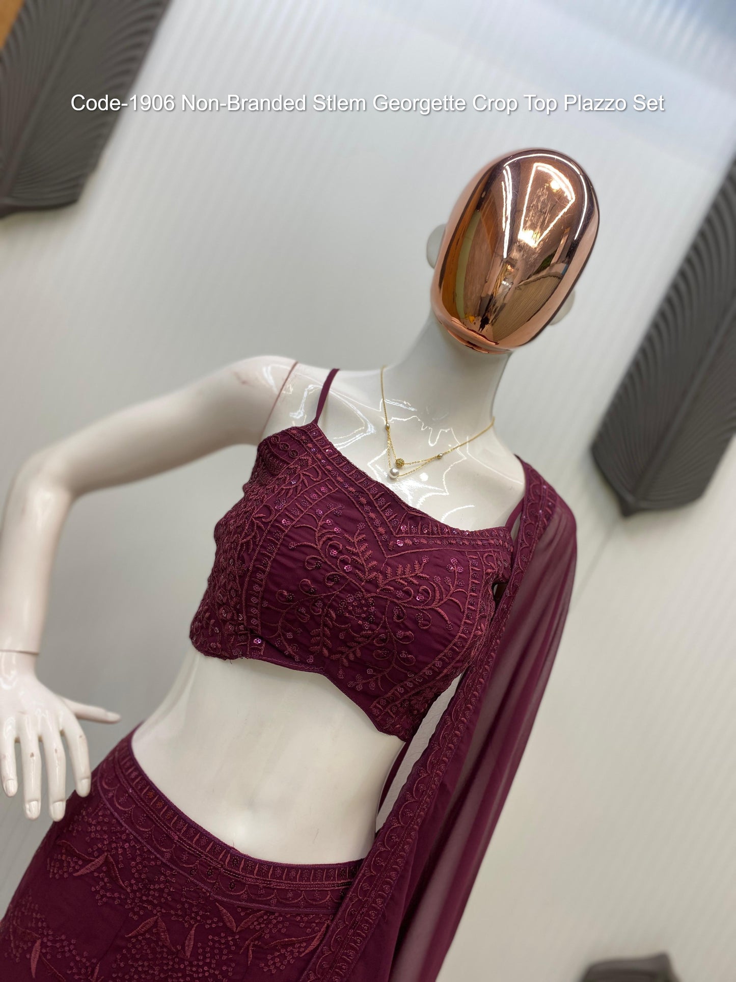 Code-1906 Non-Branded Stlem Georgette Crop Top Plazzo Set