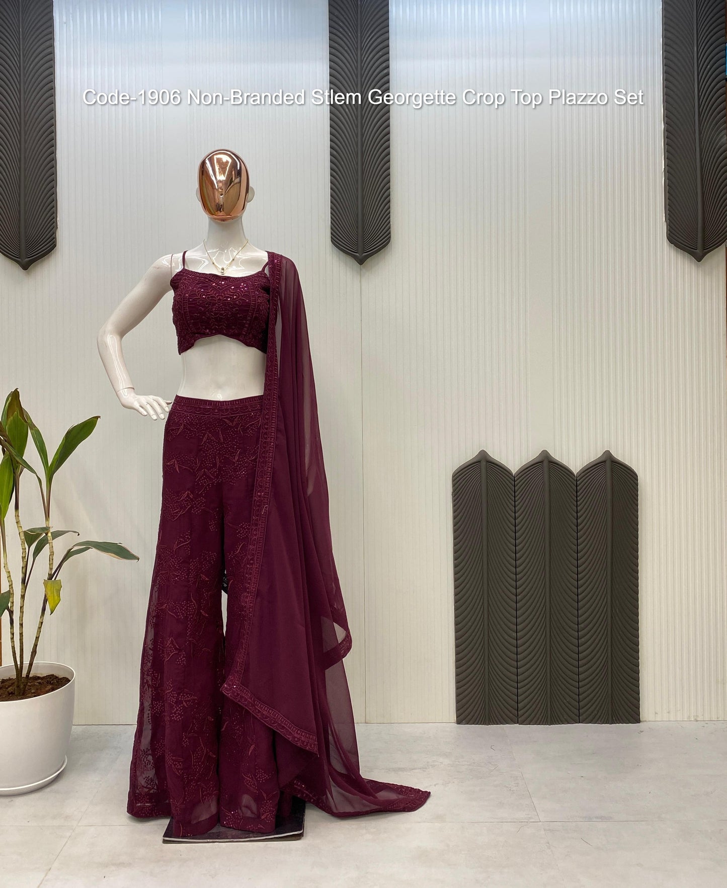 Code-1906 Non-Branded Stlem Georgette Crop Top Plazzo Set