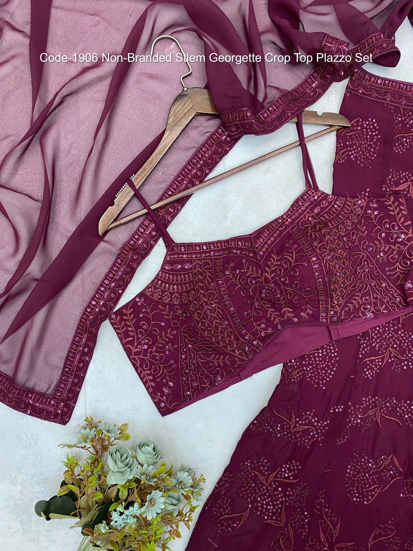 Code-1906 Non-Branded Stlem Georgette Crop Top Plazzo Set