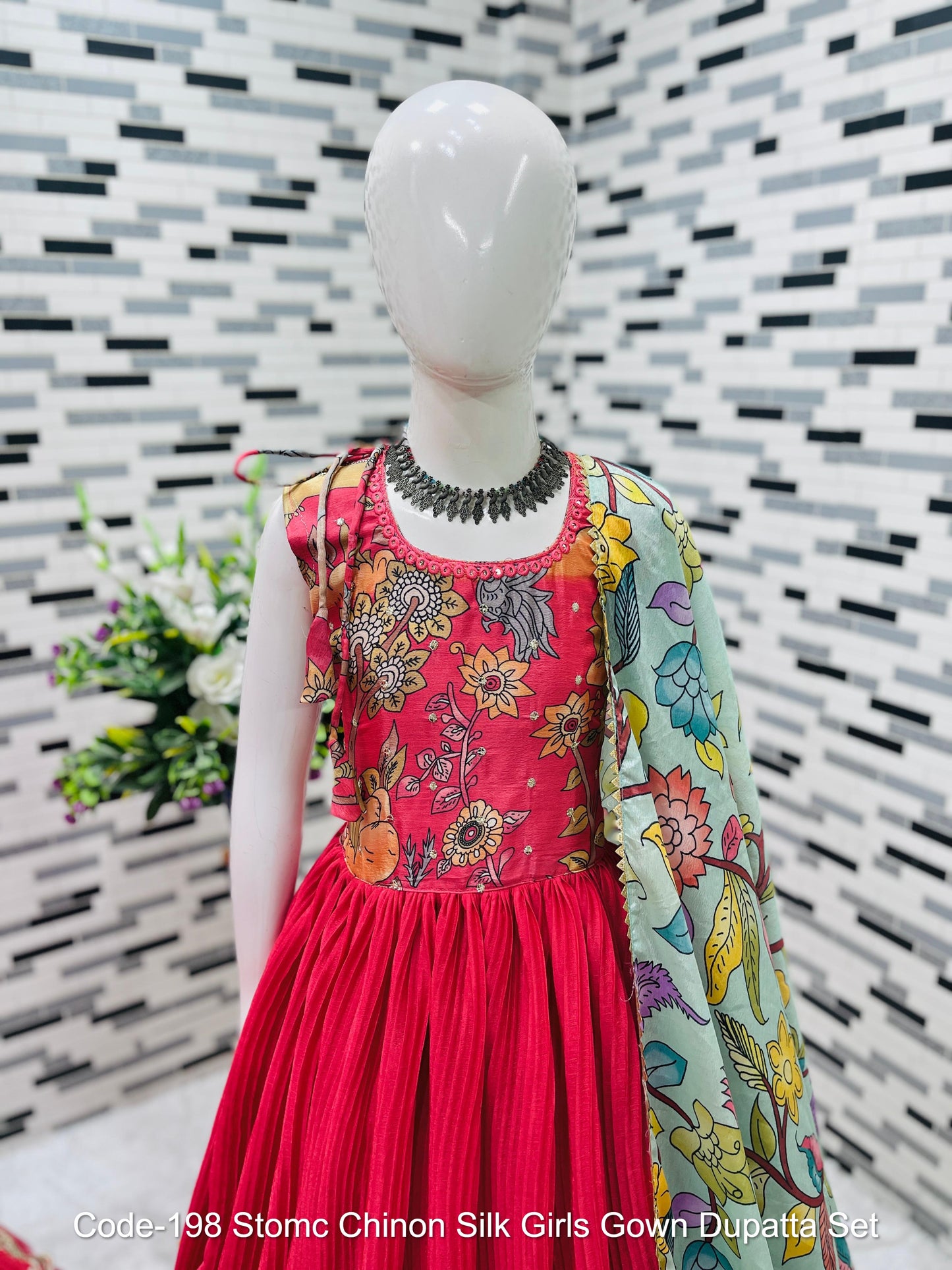 Code-198 Stomc Chinon Silk Girls Gown Dupatta Set