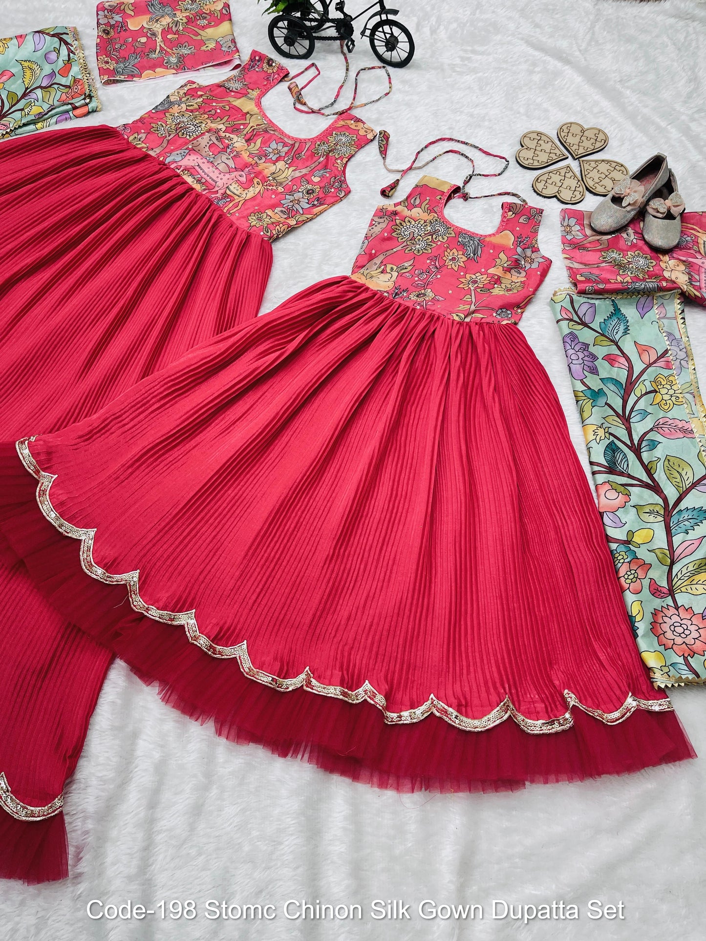 Code-198 Stomc Chinon Silk Gown Dupatta Set