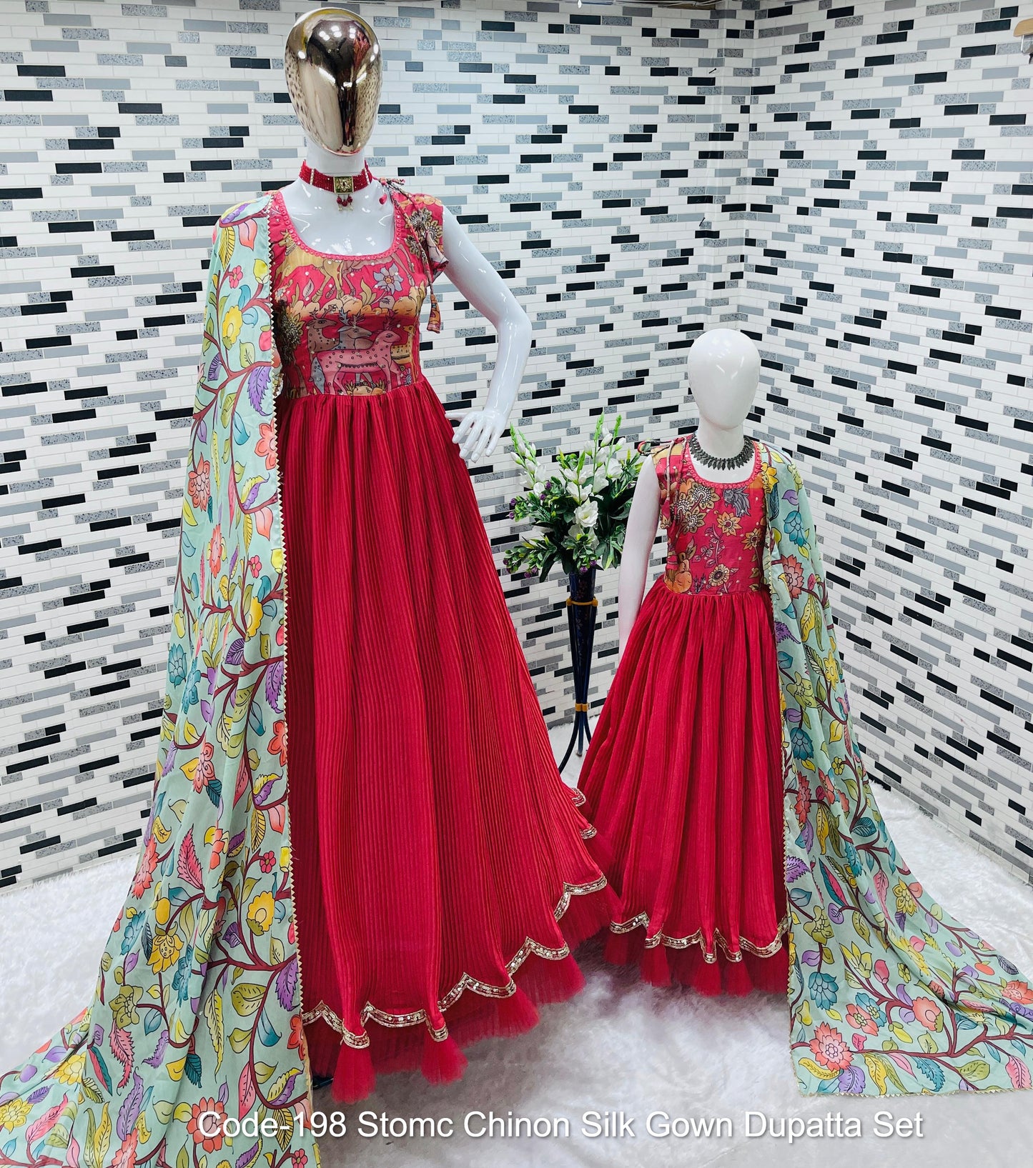 Code-198 Stomc Chinon Silk Gown Dupatta Set