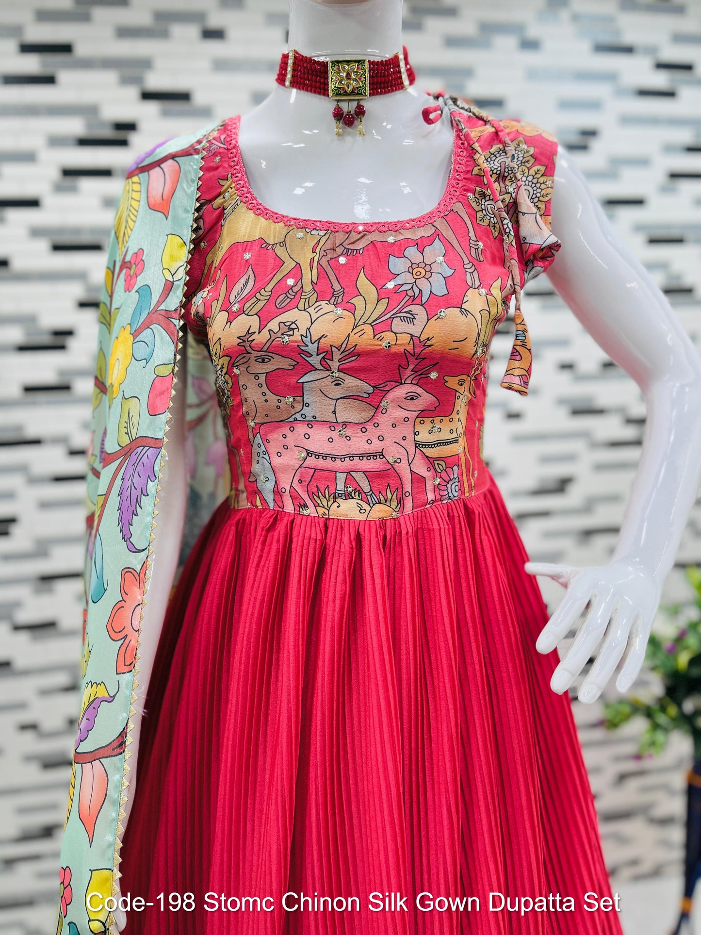 Code-198 Stomc Chinon Silk Gown Dupatta Set