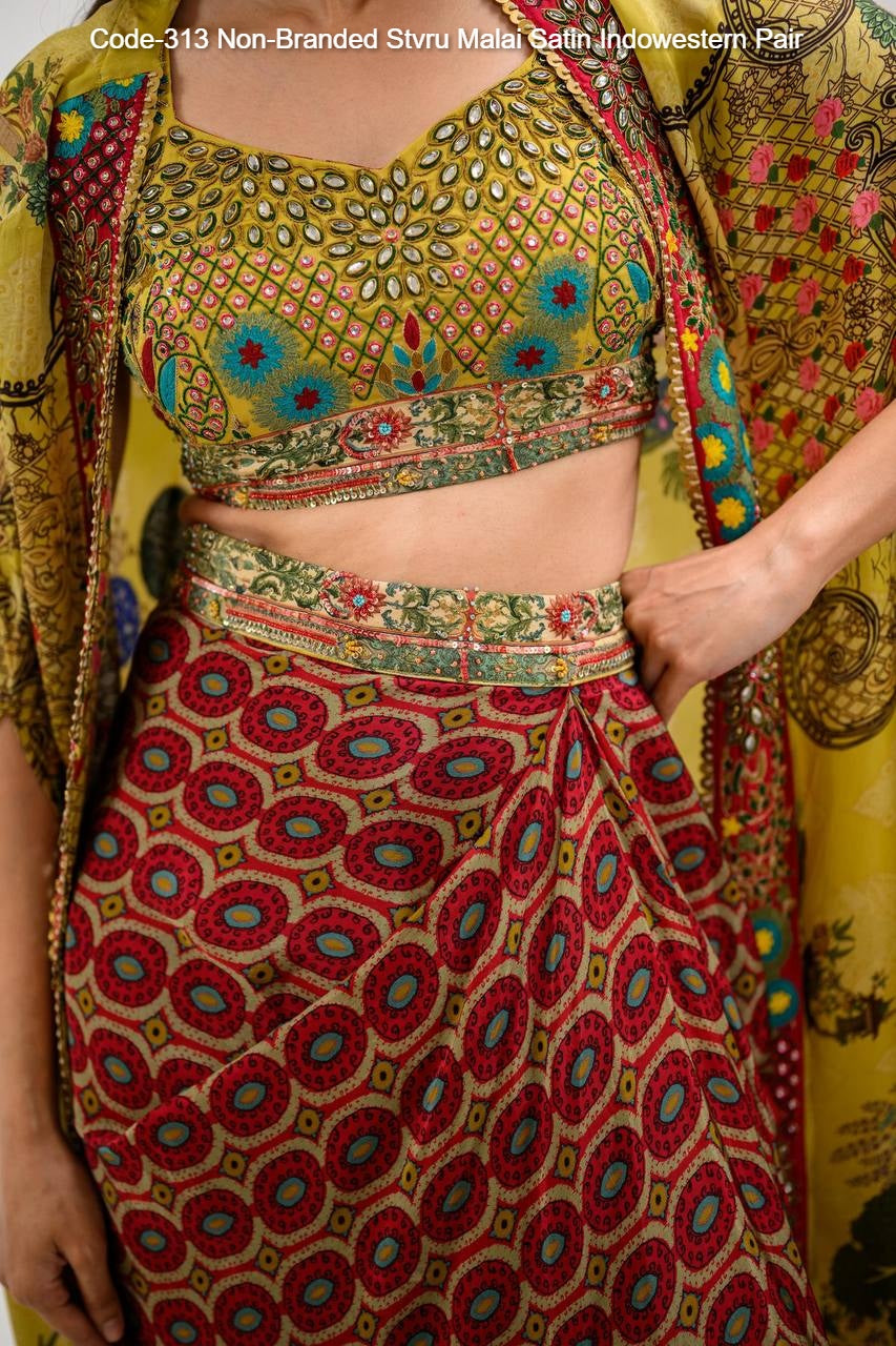 Code-313 Non-Branded Stvru Malai Satin Indowestern Pair