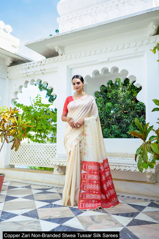 Copper Zari Non-Branded Stwea Tussar Silk Sarees