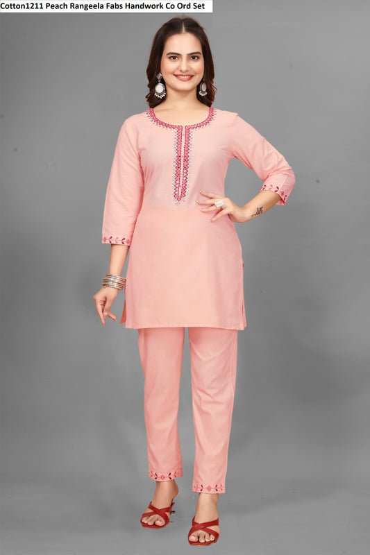Cotton1211 Peach Rangeela Fabs Handwork Co Ord Set