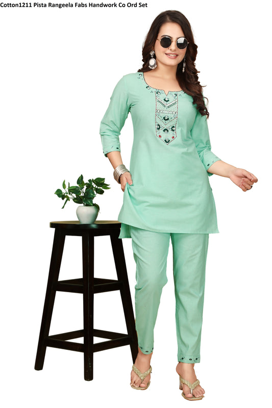 Cotton1211 Pista Rangeela Fabs Handwork Co Ord Set