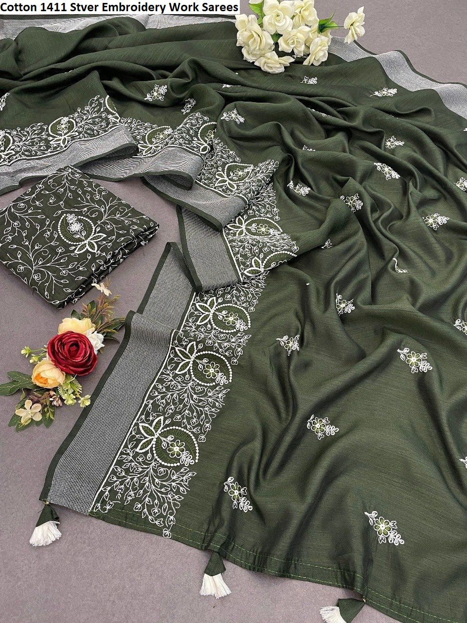 Cotton 1411 Stver Embroidery Work Sarees