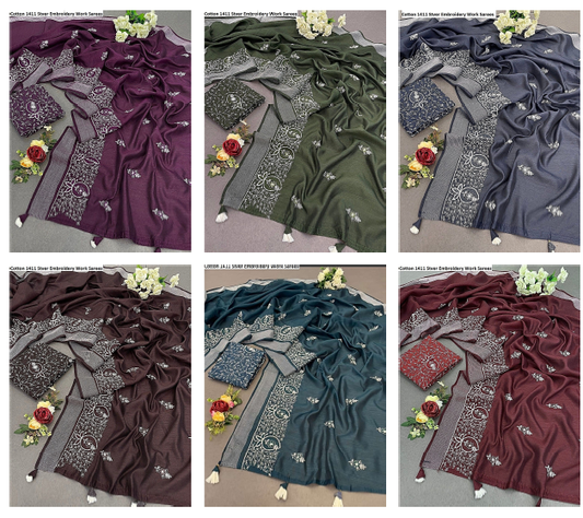 Cotton 1411 Stver Embroidery Work Sarees
