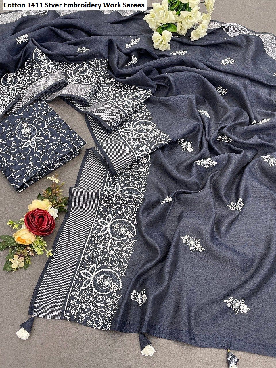Cotton 1411 Stver Embroidery Work Sarees