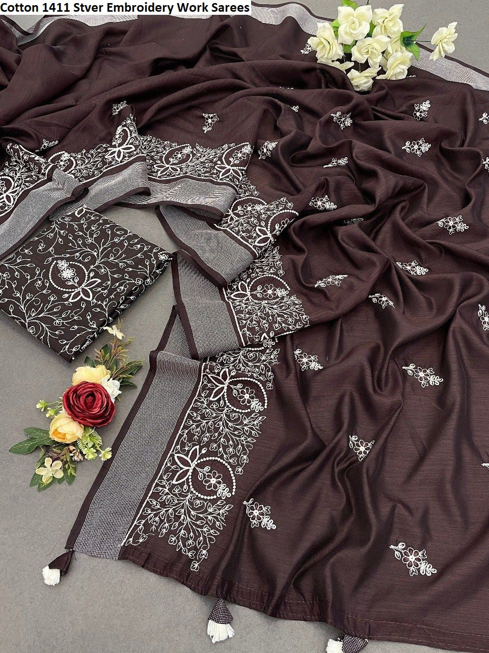 Cotton 1411 Stver Embroidery Work Sarees
