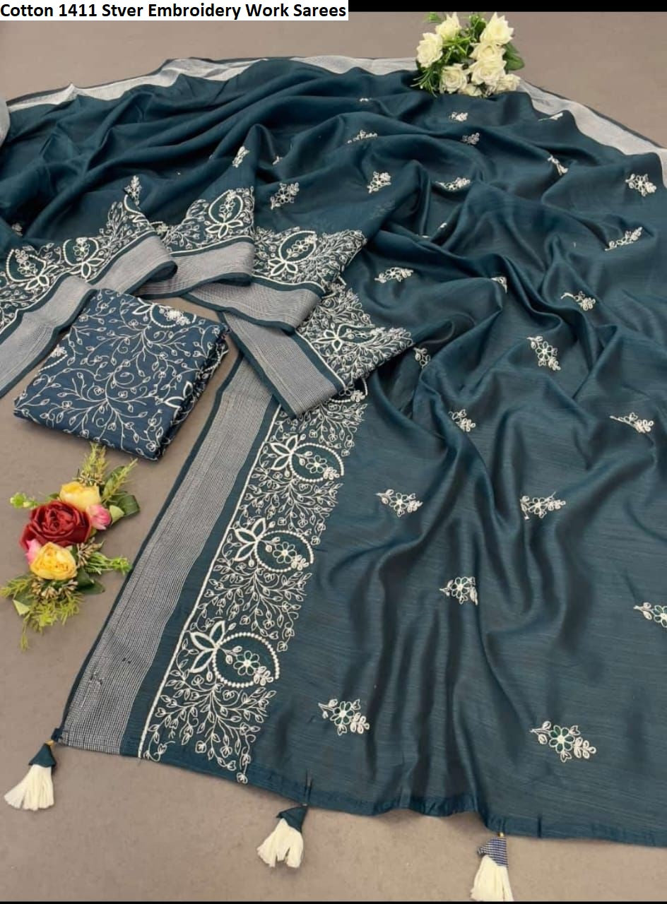 Cotton 1411 Stver Embroidery Work Sarees