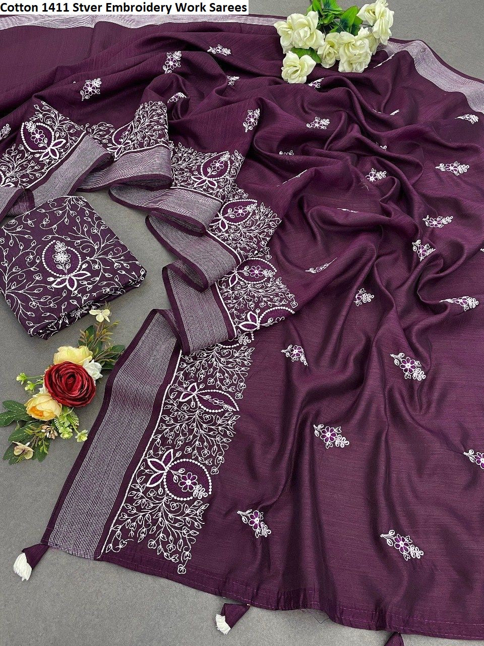 Cotton 1411 Stver Embroidery Work Sarees